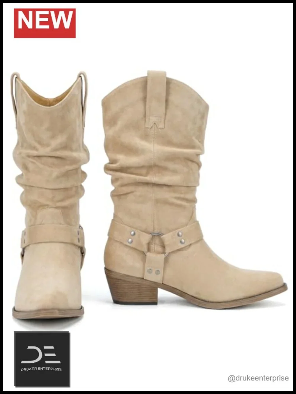 Faux Suede Mid Calf Slouchy Cowgirl Boots for Women Pointed Toe Pull-On